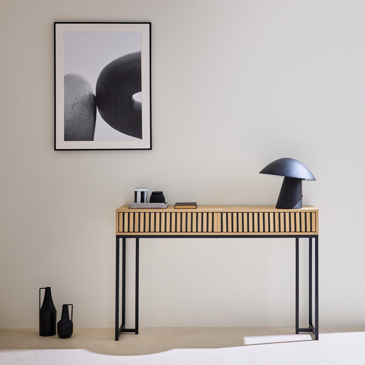 Contemporary Console With 2 Drawers Grooved Wood And Black Metal Deco